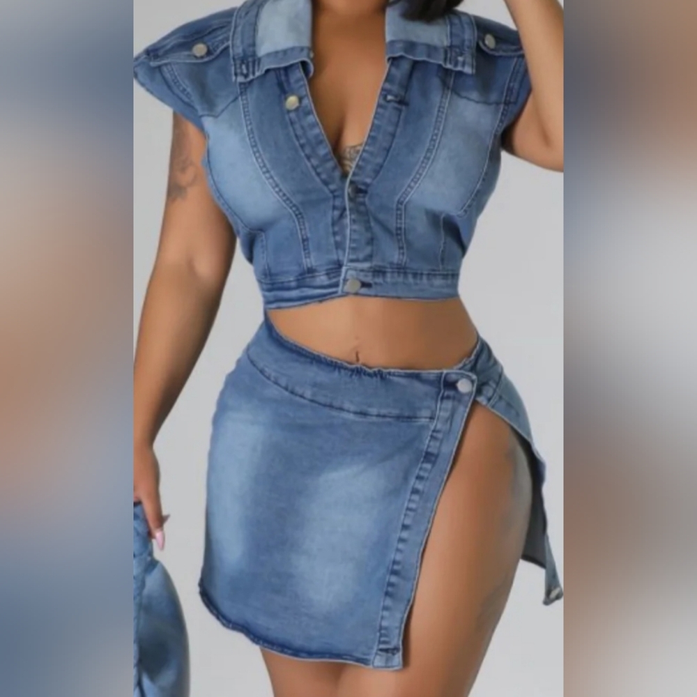 Denim Crop Top and Skirt Set